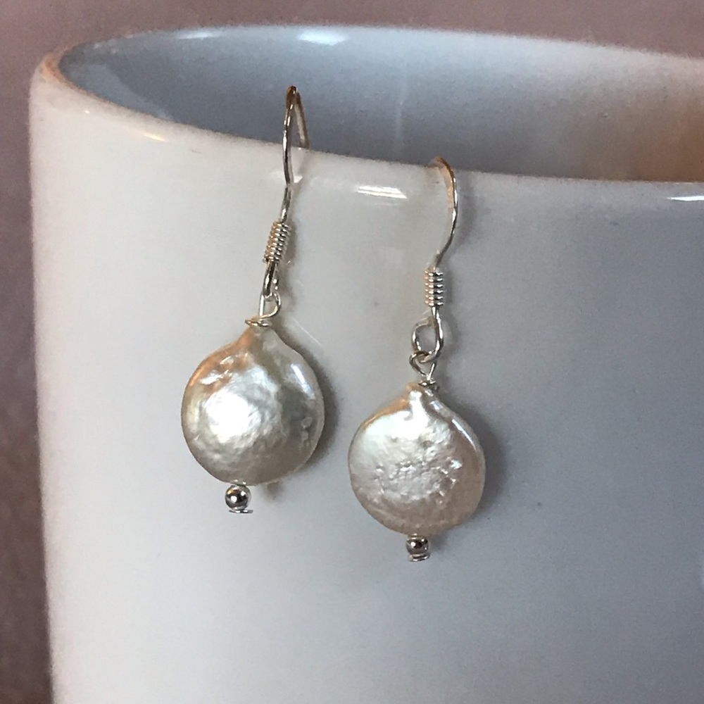 Sterling Silver Coin Pearl Drop Earrings - White